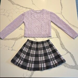 Girls Lilac Cable Knit Sweater and Plaid Skirt Set